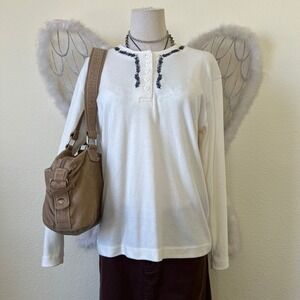 Indie Granola Girl White Long‎ Sleeve Henley Floral Embroidered Top Cozy Retro
